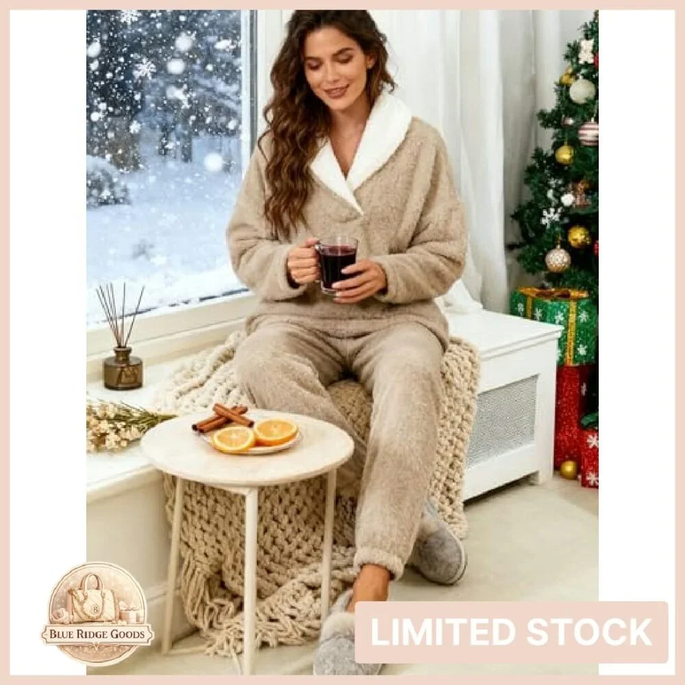Cozy Sherpa Fleece Pajama Set Oversized Lapel Pullover Lounge Wear Y2K